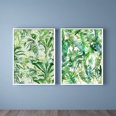 Watercolor Plant Paintings With Green Leaves In White Frames On Light Blue Wall 3d model