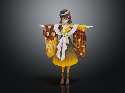3D Model Character Wearing Traditional Kimono With Creature Patterns Standing Arms Outstretched 3d model