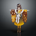 3D Model Character Wearing Traditional Kimono With Creature Patterns Standing Arms Outstretched 3d model