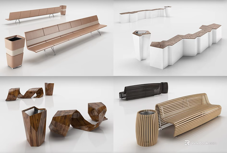 Modern Outdoor Chairs With Multiple Unique Wooden Designs And Trash Bins For Public Areas 3d model 