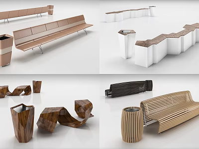 Modern Outdoor Chairs With Multiple Unique Wooden Designs And Trash Bins For Public Areas 3d model