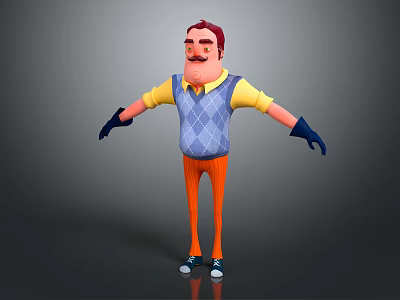 Cartoon 3D Character With Red Hair Mustache Wearing Argyle Vest Yellow Sleeves Orange Striped Pants Blue Gloves 3d model