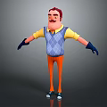 Cartoon 3D Character With Red Hair Mustache Wearing Argyle Vest Yellow Sleeves Orange Striped Pants Blue Gloves