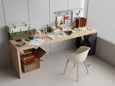 Wooden Desk With Stationery Books Papers Chair Open Drawers Storage Boxes Decorative Posters 3d model