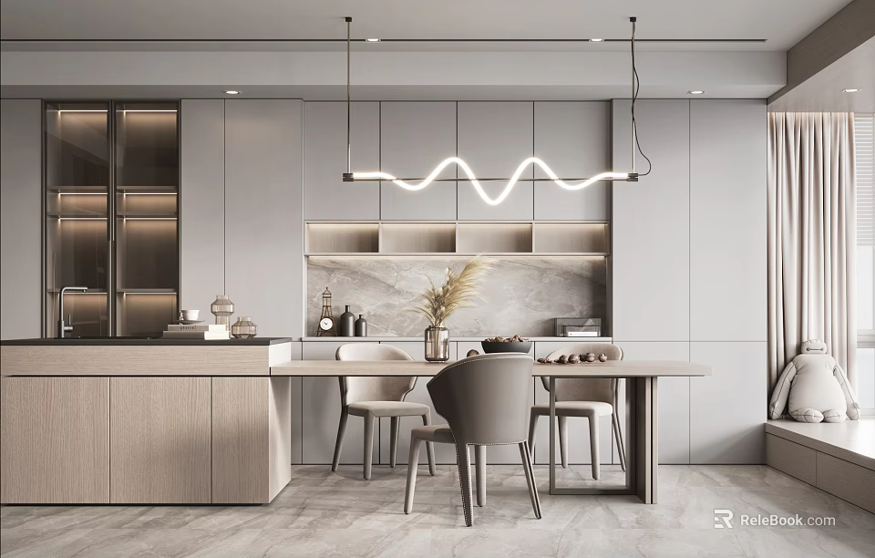 Modern Open Kitchen Dining Space With Wavy Pendant Lights Marble Island And Dining Chairs 3d model 