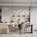 Modern Open Kitchen Dining Space With Wavy Pendant Lights Marble Island And Dining Chairs