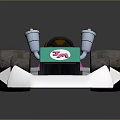 Turquoise And White Toy Go Kart With Brown Seat Black Wheels And Circular Logo Featuring Number 34