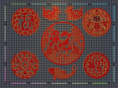 Chinese Paper Cutting Wall Decor With Red Fu Character Fish Rooster Patterns 3d model
