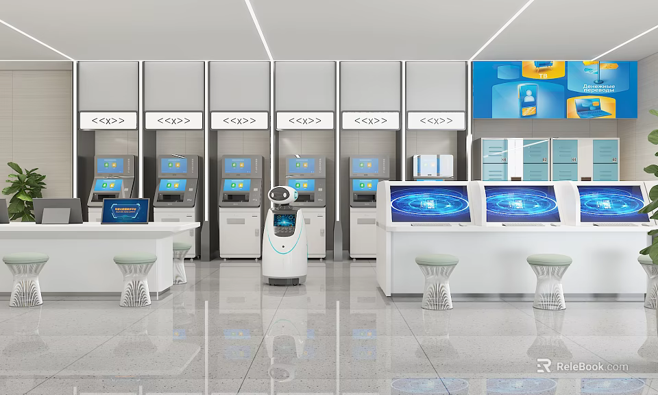 Modern Service Hall With Self Service Kiosks Intelligent Robot And Interactive Screens 3d model 