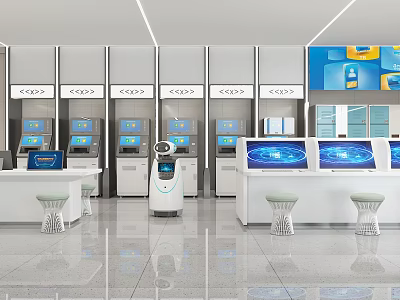 Modern Service Hall With Self Service Kiosks Intelligent Robot And Interactive Screens 3d model