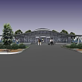 Modern Architectural Building With Glass Facade Circular Roof Steps Pedestrians And Lawn Area