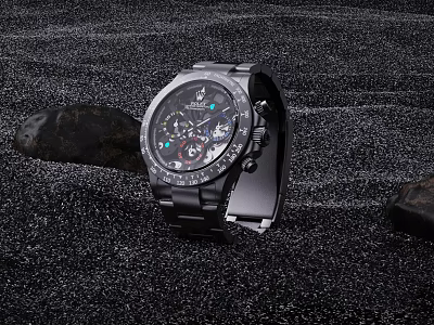 Black Digital Watch With Intricate Dial Design And Black Stones On Granular Surface 3d model