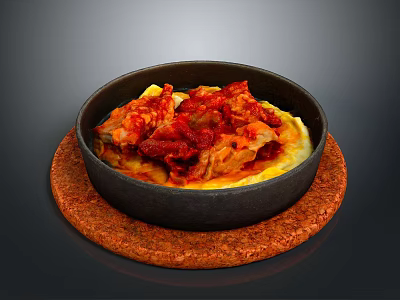 Braised Red Meat with Cabbage Over Yellow Mashed Potatoes in Black Bowl on Brown Mat 3d model