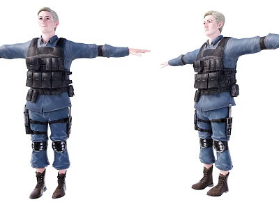 Man in Blue Outfit With Tactical Vest Knee Pads and Boots Arms Outstretched 3d model