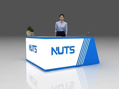 Blue and White Exhibition Reception Desk with NUTS Logo Female Staff Potted Plant Stone Decoration 3d model