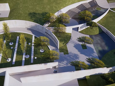 Modern Garden Landscape Design With Curved Structures Green Lawn And Trees 3d model