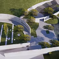Modern Garden Landscape Design With Curved Structures Green Lawn And Trees