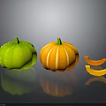 Fresh Green And Orange Pumpkins With Slices On Gray Background Reflection