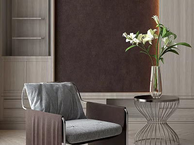 Modern Gray Single Chair With Metal Side Table And White Flowers By Brown Wall 3d model