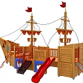 Wooden Pirate Ship Playground Equipment with Red Slide Climbing Ladder and Sail Flags