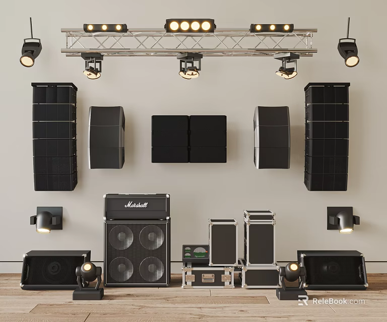 Professional Audio Equipment With Various Stage Speakers Lighting Fixtures And Amplifiers 3d model 