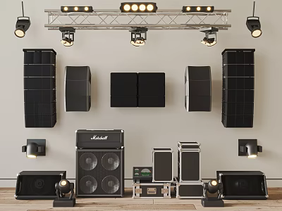 Professional Audio Equipment With Various Stage Speakers Lighting Fixtures And Amplifiers 3d model