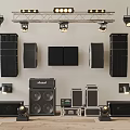 Professional Audio Equipment With Various Stage Speakers Lighting Fixtures And Amplifiers