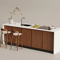 Modern Bar Counter Interior With White Countertop Brown Wooden Cabinets Vase And Two Bar Stools