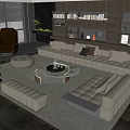 Modern Beige Leather Sofa and Round Coffee Table Set With Living Room Decor And Bookshelf