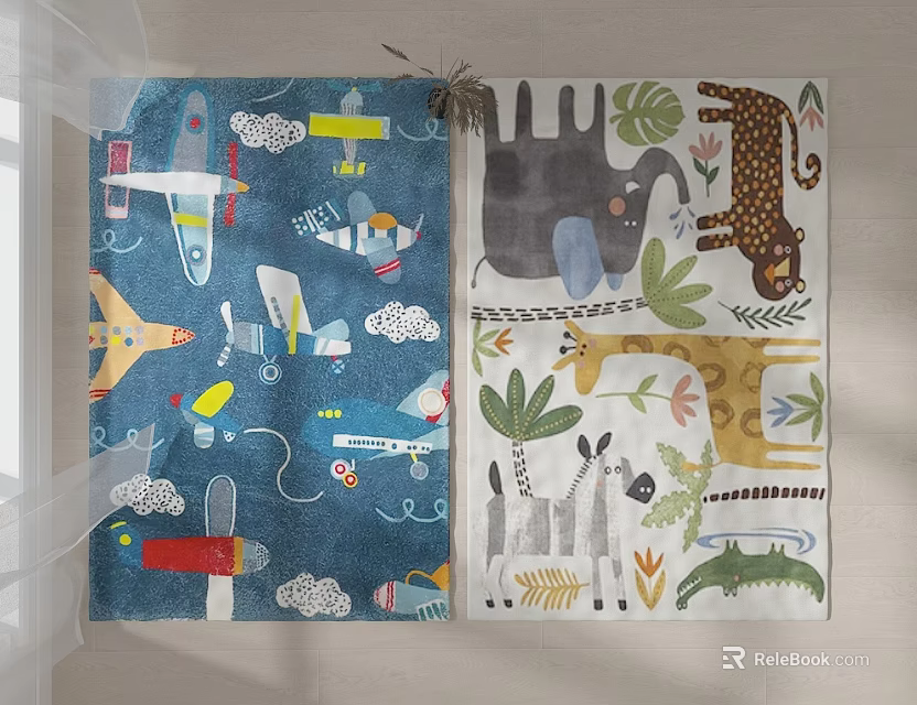 Colorful Square Carpets With Airplane Cloud Animal Leaf Patterns For Kids Room 3d model 