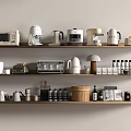 Multiple Wooden Kitchen Shelves Showcasing Various Appliances And Kitchen Essentials 3d model