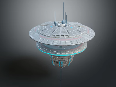 Futuristic Disc Shaped Spaceship Structure With Blue Light Ring And Antennas 3d model