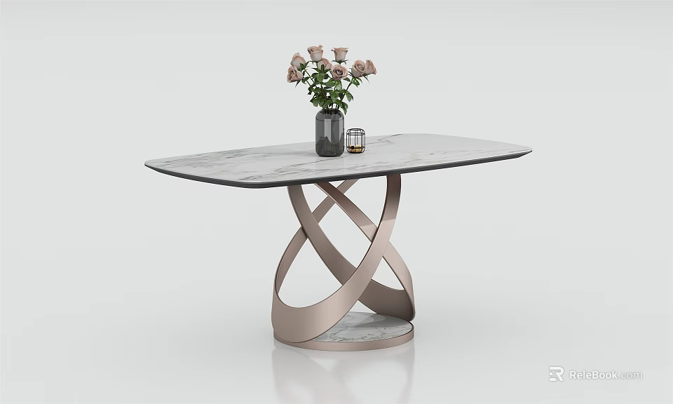 Modern Dining Table With Marble Top Intertwined Metal Base Vase And Pink Flowers 3d model 