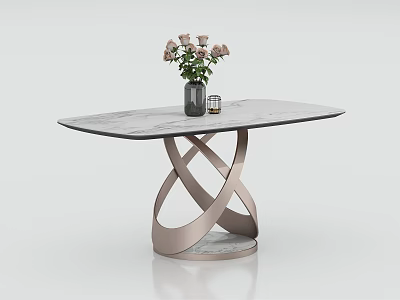 Modern Dining Table With Marble Top Intertwined Metal Base Vase And Pink Flowers 3d model
