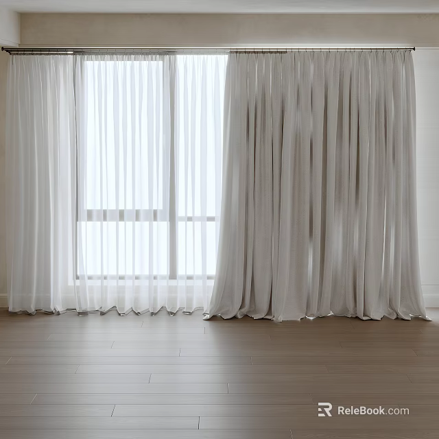 White Sheer Curtains And Drapes By Window With Bright Light Wooden Floor 3d model 