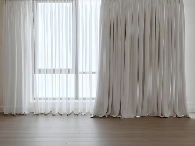 White Sheer Curtains And Drapes By Window With Bright Light Wooden Floor 3d model