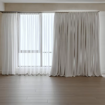 White Sheer Curtains And Drapes By Window With Bright Light Wooden Floor 3d model