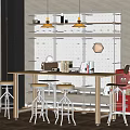 Open Concept Living Dining Space With Wooden Table Metal Shelving Pendant Lights And Stools