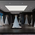 Bridal Shop Interior With Hanging Wedding Dresses Mannequin Display And City View Windows