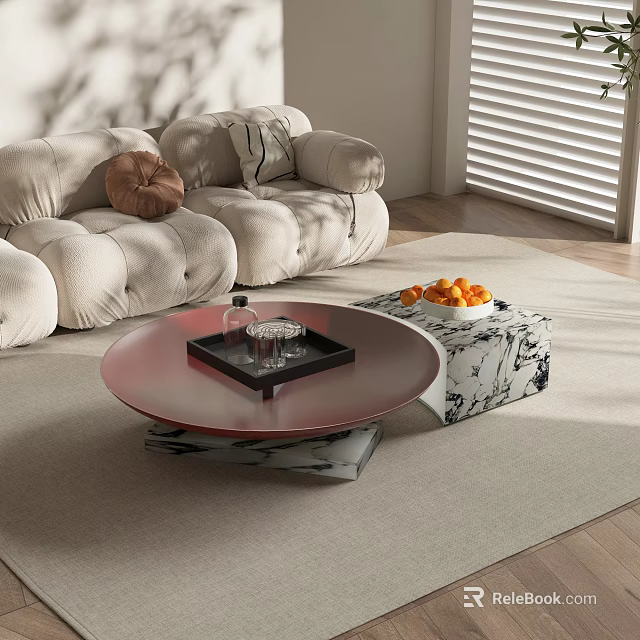 Modern Living Room Round Coffee Table With Oranges Glassware Tray And Soft Sofa 3d model 