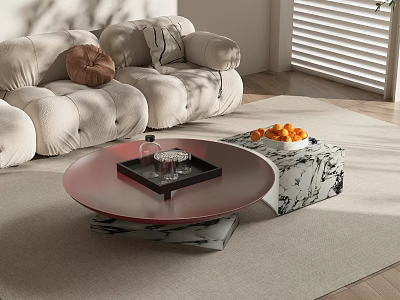 Modern Living Room Round Coffee Table With Oranges Glassware Tray And Soft Sofa 3d model