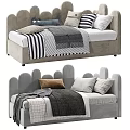 Cozy Gray Kids Bed With Soft Upholstery Scalloped Headboard And Plush Pillows