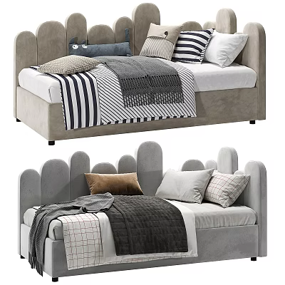 Cozy Gray Kids Bed With Soft Upholstery Scalloped Headboard And Plush Pillows 3d model