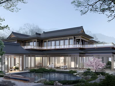 Detached Villa Featuring Traditional Roof Courtyard Pond Cherry Blossom Tree and Mountain View 3d model