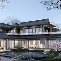 Detached Villa Featuring Traditional Roof Courtyard Pond Cherry Blossom Tree and Mountain View