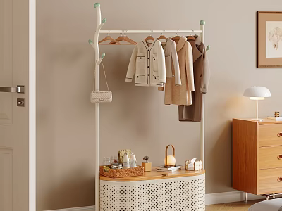 Standing Clothes Rack with Hanging Coats and Woven Storage Shelf in Cozy Home Bedroom 3d model