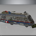 Modified Utility Vehicle With Crates Equipment And Blue White Red Stripes On Reflective Surface