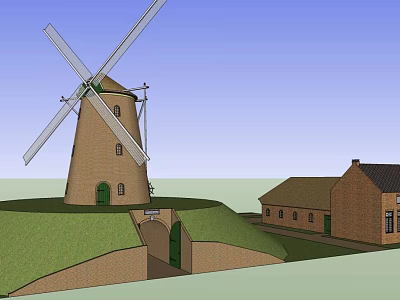 Traditional Windmill Tower with Large Sails and Red Brick Cottages on Green Grass 3d model