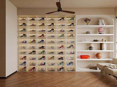 Recreation Room With Shoe Wall Ceiling Fan White Shelves And Sofa 3d model