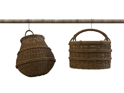 Woven Rattan Storage Baskets Hanging On Wooden Pole For Organizing 3d model